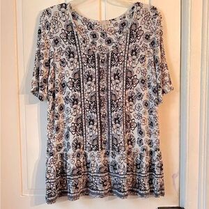 Lila Rose Women’s Black White Tan Floral Peplum Top Size Large